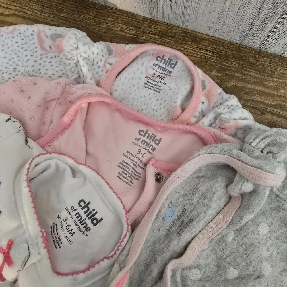 Carter's Girls Size 3-6 Months Pink and Gray Footed One Pieces Pajama Lot Of 4
